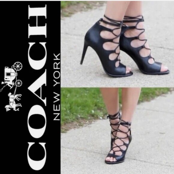 Coach Kira Lace-up Black Leather Stiletto HEELS Size 7.5 - Picture 1 of 10